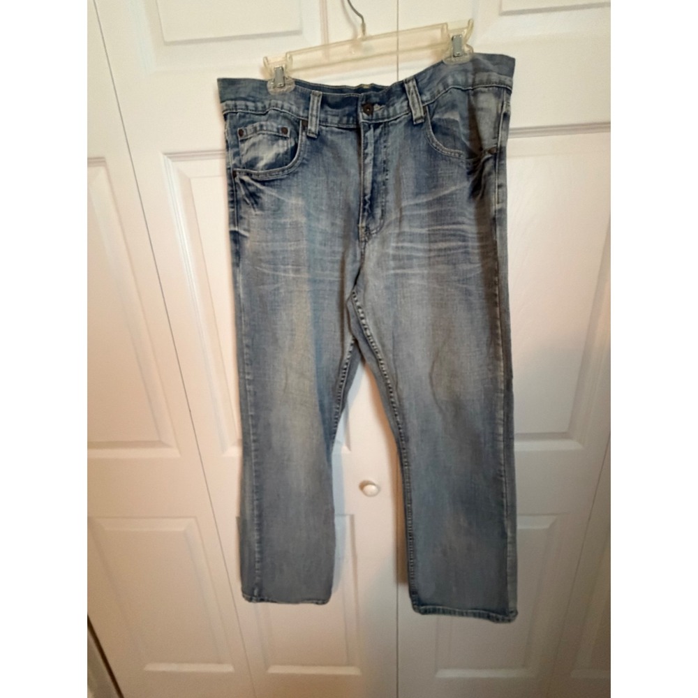 Flypaper Jeans Mens Light Wash Distressed Cross Back Pocket Straight Leg Denim
